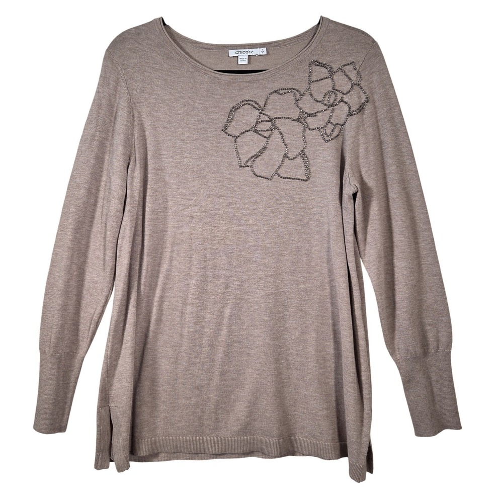 Chico's Beaded Floral Sweater Womens 1 M Taupe Brown Long Sleeve Crew Neck Top